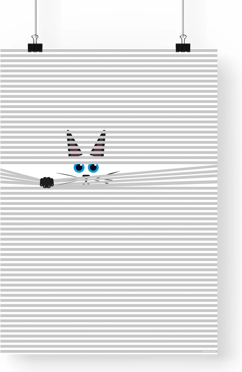 Artprint Kat in de jaloezieën - Abstracte kat illustratie in A3 formaat - Poster nieuwsgierige poes