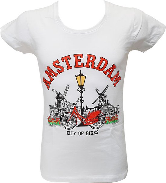 Wit T-shirt met opdruk van Amsterdam: fiets, molens, lantaarnpaal en "CITY OF BIKES".