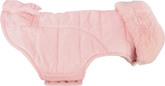 Roze hondenjas met stippenpatroon, gewatteerd met zachte voering en een bontkraag.