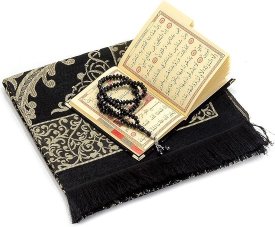 Imani Aksa Gebedskleed voor moslims (1,4 kg), zwart, met takke, Tesbih en Miswak, gebedskleed met rugleuning, gebedskleed voor reizen, opvouwbaar, blauw