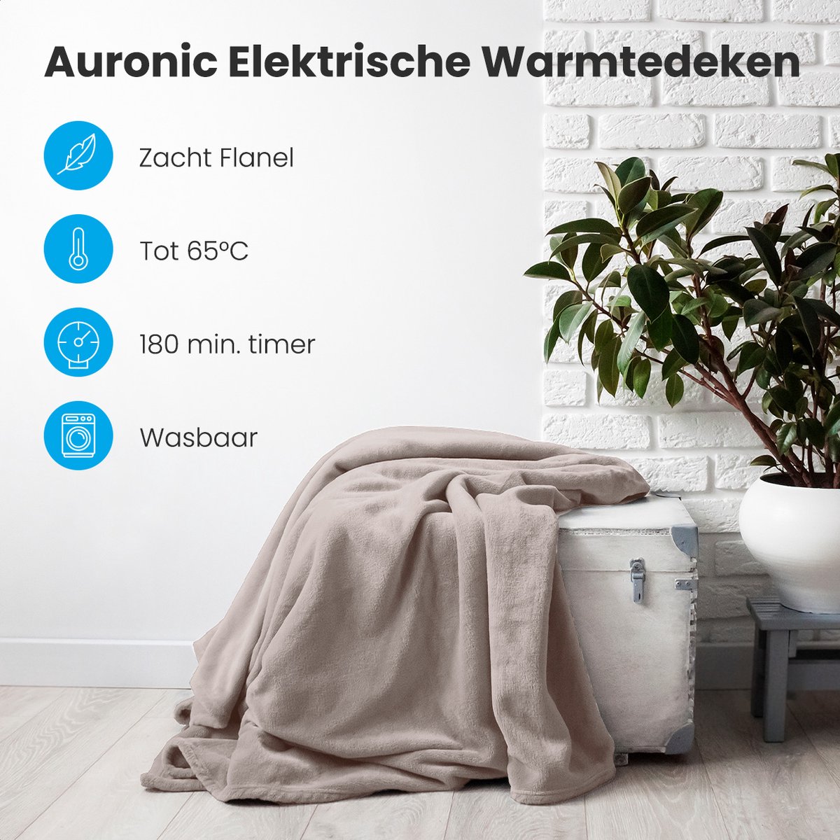 Afbeelding 2 van Auronic Elektrische Deken - Duo Pack - Warmtedeken - 1 Persoons - 3 Warmtestanden - 160x120cm - Taupe