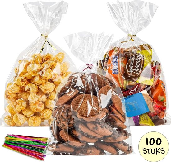 100x Cellofaan Zakjes 15x25 cm - Zakjes Met Twistbandjes - Uitdeelzakjes - Transparant - Snoepzakjes - Cadeauzakjes - Inclusief Sluitstrips Mix - 15 x 25 cm - 100 Stuks