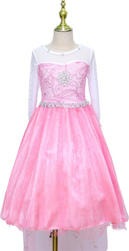 Roze prinsessenjurk met lange mouwen, glittertule rok, geborduurde details en bloemapplicatie op de borst.