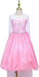 Roze prinsessenjurk met lange mouwen, glittertule rok, geborduurde details en bloemapplicatie op de borst.