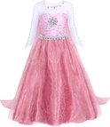 Roze prinsessenjurk met lange mouwen, glitterrok, gedetailleerd korset met bloemapplicatie en sleep.
