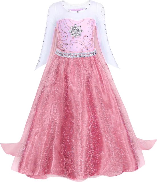 Roze prinsessenjurk met lange mouwen, glitterrok, gedetailleerd korset met bloemapplicatie en sleep.