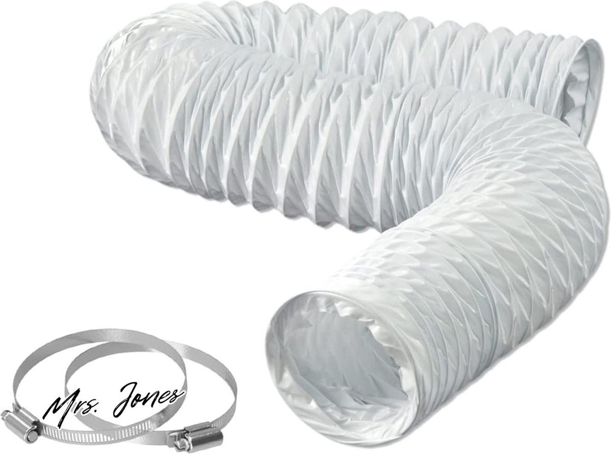 Mrs. Jones Flexibele Ontluchter PVC Afvoerslang Diameter Ø 80mm Lengte 25m voor Airconditioning Wasdroger Afzuigkap - Wit met Roestvrijstalen Klemmen .