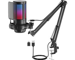 Truskore Microfoon met arm - USB - gaming - RGB Condensatormicrofoon - met Mute-Knop, Popfilter, Microfoonarm - Luxe microfoon