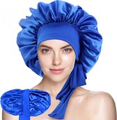 Xaria Slaapmuts - Dubbelzijdige Satijnen Bonnet met Verstelbare hoofdband met Lange Lussen - Bonnet van Satijn - Haarnetjes met dubbele voering- Blauw