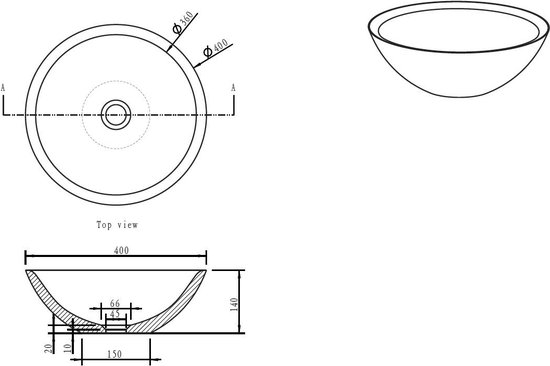 Technische tekening van een ronde, komvormige waskom met afmetingen 400x140mm en dikte 20-10mm.