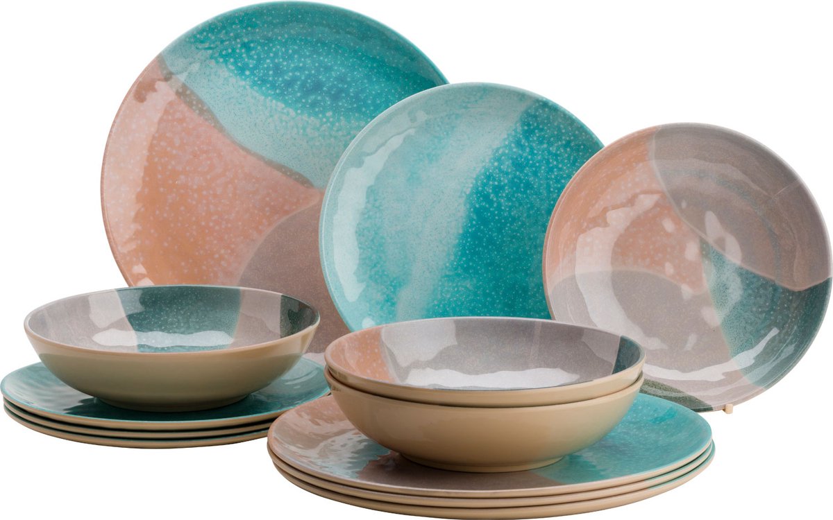 Flamefield Dunes serviesset melamine 12-delig – anti-slip, zee, strand & duinen design