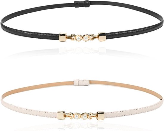Doneboo 2-pack Dunne Leren Riemen voor Vrouwen Jurkriemen Dunne Tailleriem met Gouden Gesp Verstelbare Riem voor Vrouwen, Zwart/Wit, Waist Size below 43 inche