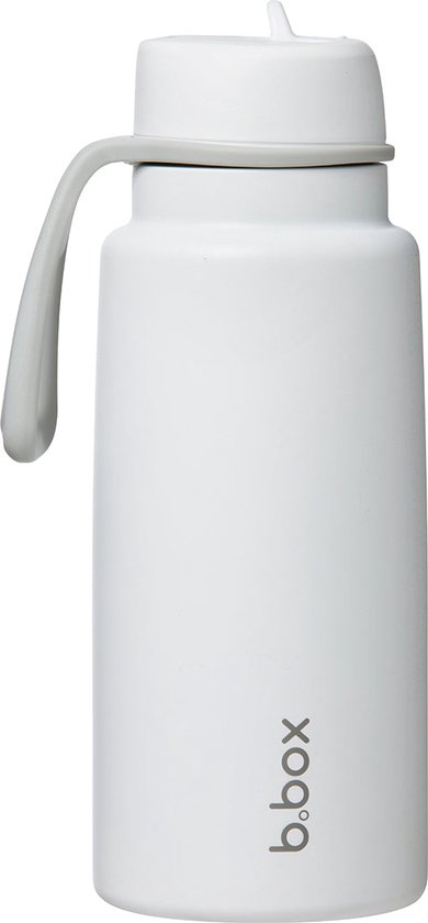 Witte b.box drinkfles met grijze draaglus en fliptopdeksel.