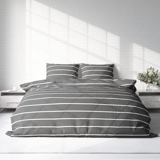 Luxe Flanel Dekbedovertrek - 240 x 220 cm - Lits-Jumeaux - Grijze lijnen