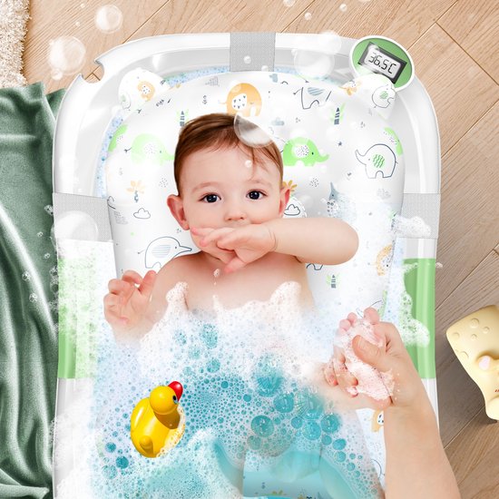 KIDIZ® Babybadje Opvouwbaar met Thermometer - Peuterbadje Ergonomisch, Rutschvrij, Met Zacht Badkussen en Afvoer - Babybad / Baby Bad Set Voor Baby's van 0-12 Maanden - Babybadset - Groen van Merkloos — afbeelding 2