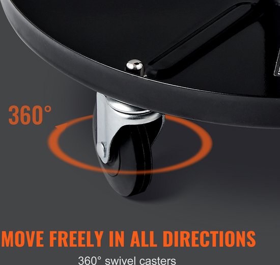 Zwart Vevor wiel op 360° draaibare casters, met tekst over vrij bewegen in alle richtingen.