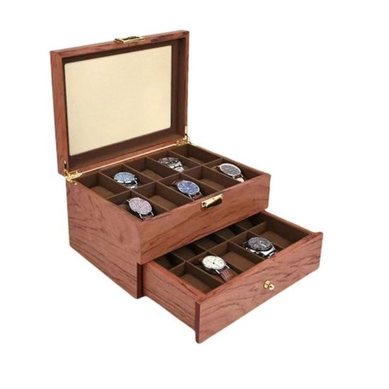 Uten Watch Box 12 vakken, horlogekast met glazen deksel, horloge-display opbergdoos voor mannen en vrouwen, afneembare horlogekussens, metalen sluiting, zwart synthetisch leer, grijze fluwelen