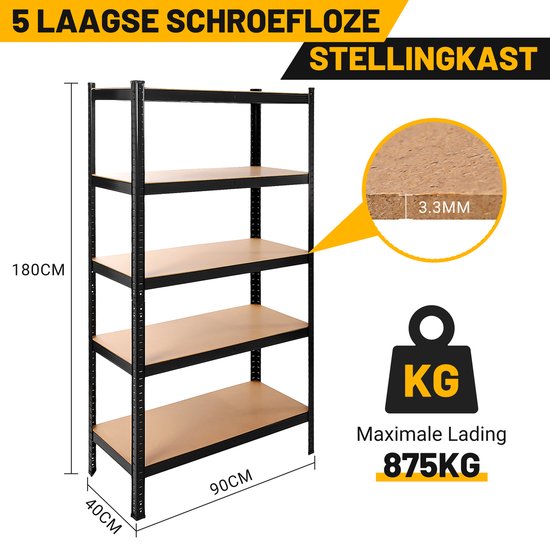 Zwarte stellingkast van 180x90x40 cm met 5 bruin-beige planken. Maximale belasting 875 kg.