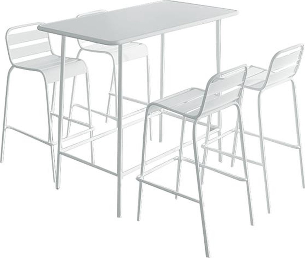 Tuineethoek van metaal in witte kleur met tafel en 4 stoelen.