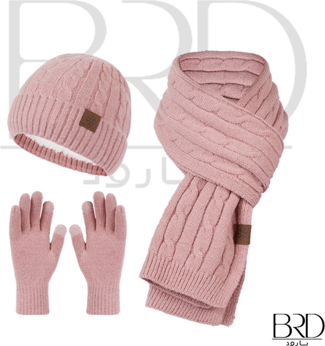 BRD® Winter | Winter wol voor volwassenen Roze | gevoerde muts, sjaal en handschoenen 3 delig gebreid unisex voor dames en heren winterset