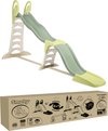 Un toboggan vert et beige avec une boîte en carton illustrée et du texte.