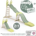 Illustraties van een groene en beige glijbaan, '2 in 1' en '66% gerecycled materiaal' op een witte achtergrond.