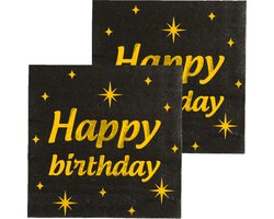 Paperdreams Verjaardag feest servetten - Happy Birthday - 32x stuks - zwart/goud - 33 x 33 cm