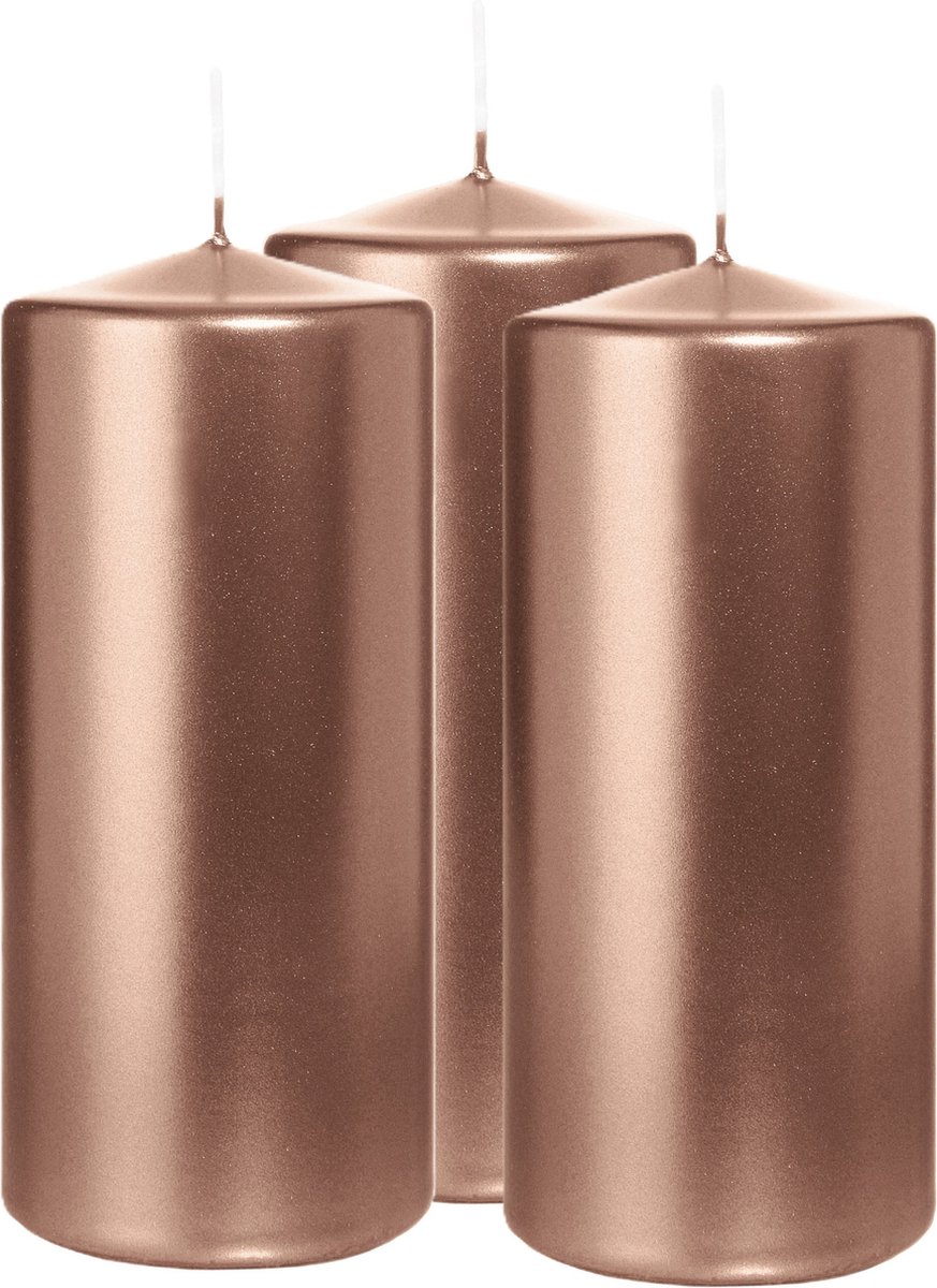 Wiedemann Cilinderkaars/stompkaars - 3x - metallic rosé goud - 15 x 7 cm - 63 branduren - zuilkaarsen Rose goud