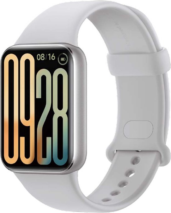 Wit smart horloge met zilverkleurig frame en digitaal display met grote cijfers.