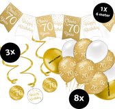 Forfait anniversaire Goud 70 ans - Décorations de Fête - 8 Ballons - 1 guirlande de 6 m - 3 tourbillons - 2 Ballon de félicitations - Décoration or et Wit - White et or