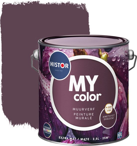 Blik Histor MY color muurverf in Amethyst Shadow, met paarse vijgen en waterdruppels. Extra mat, 2.5L. Naast verfstaal.