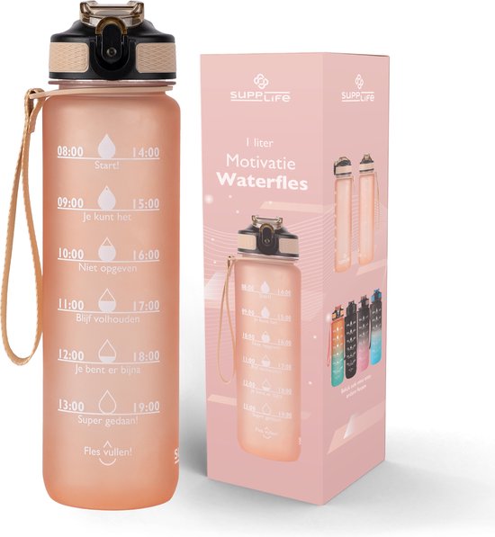 Supplife Motivational Water Bottle - Gourde de 1 litre - Gourde avec marqueur de temps - Avec paille - Adultes - Enfants - Or rose - Brosse de nettoyage incluse