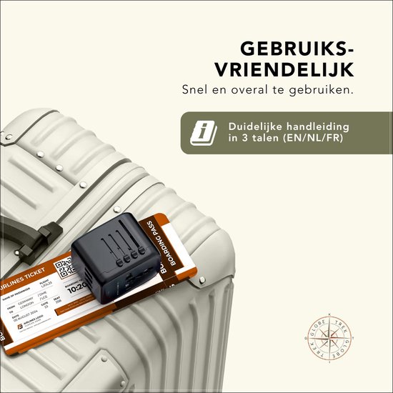 GlobeTrek® Wereldstekker - Reisstekker - Fast Charging - 2 USB-C & 2 USB-A - Universele Wereldstekker voor 170+ Landen: Amerika (USA), Engeland (UK), Australië, Zuid Amerika, Azië, Afrika, Europa - Wereldstekkers - Zwart