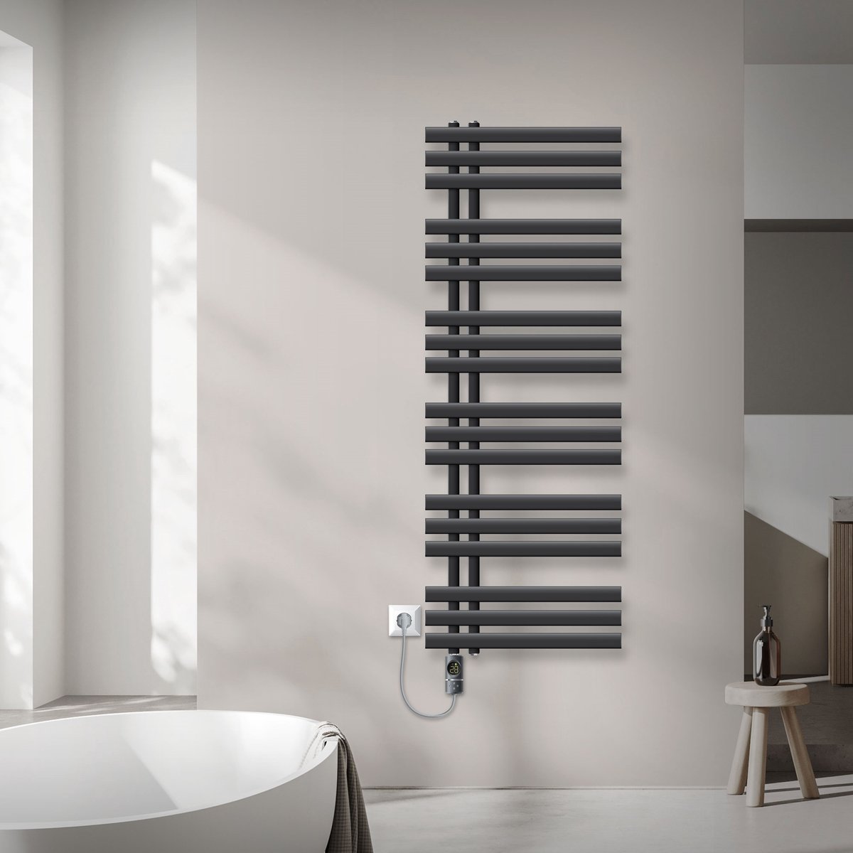 Badkamerradiator met centrale aansluiting 500 x 1400 mm, antraciet, met verwarmingselement van 900 W LuxeBath