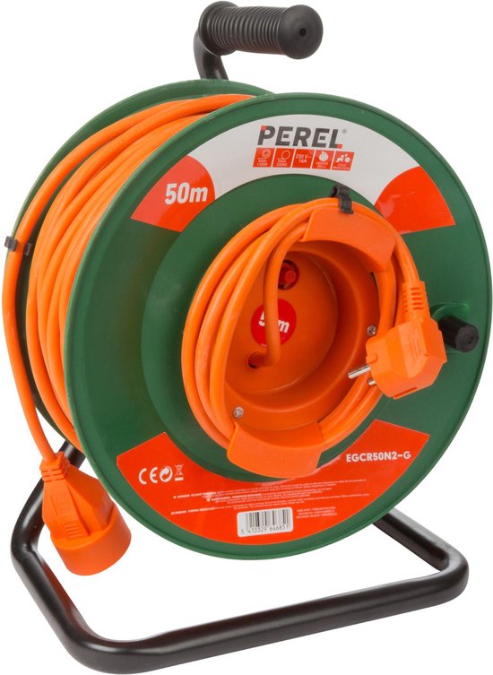 Perel Verlengkabel op haspel, gebruik binnenshuis, randaarde, thermische beveiliging, kabellengte 50 m, 3G1.5, oranje/groen