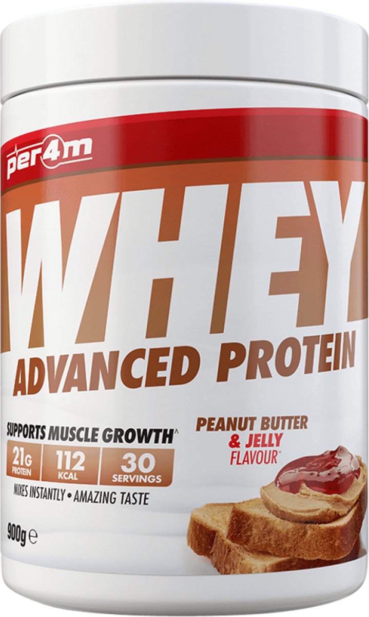 Per4m - Advanced Whey Protein - Peanut Butter & Jelly - Proteine poeder - Eiwit shake - Eiwitpoeder - 900g - Whey Protein - Eiwitshakes - Whey Proteine - Protein - Proteine - Proteine Shake - Shake - Fitness - Krachttraining - Gym