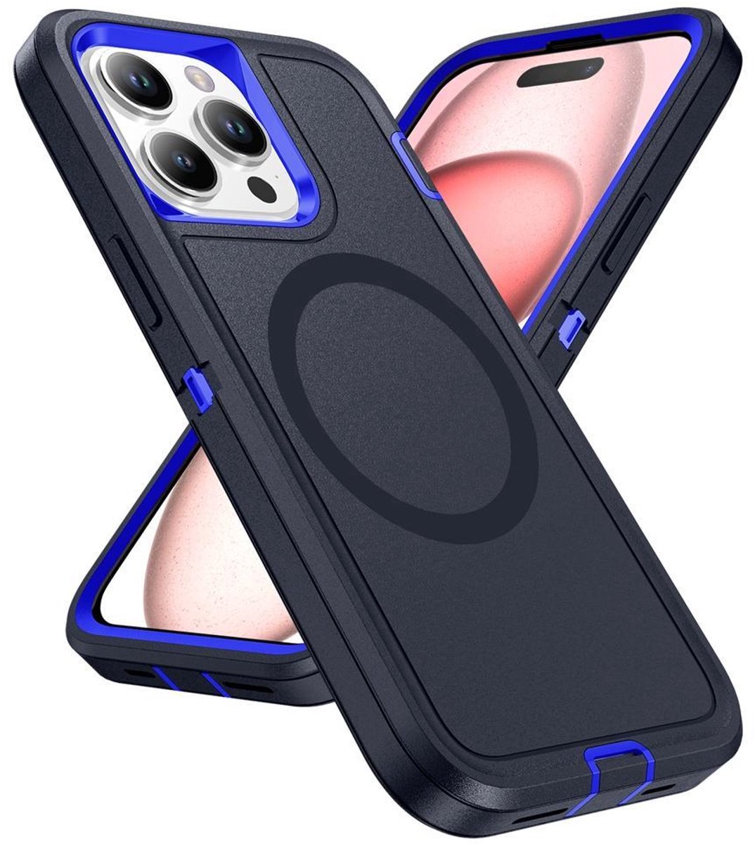 Mobigear Hoesje geschikt voor Apple iPhone 16 Plus MagSafe Telefoonhoesje Hardcase | Mobigear Rugged Mag Backcover Shockproof | Geschikt voor MagSafe | Geschikt voor Draadloos Opladen met Magnetische Ring | Geschikt voor MagSafe Case - Marineblauw