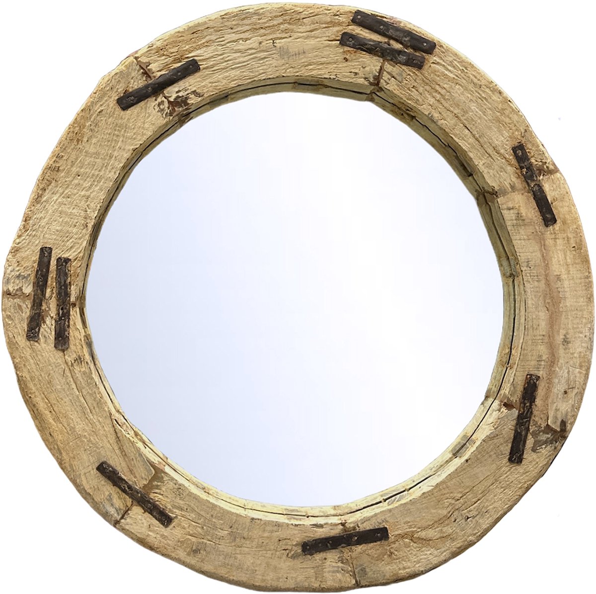 by Mooss - Spiegel - Hout - Robuust - Wiel - Rond - Stoer - Oud Hout - Ã˜ 100 - Brede rand