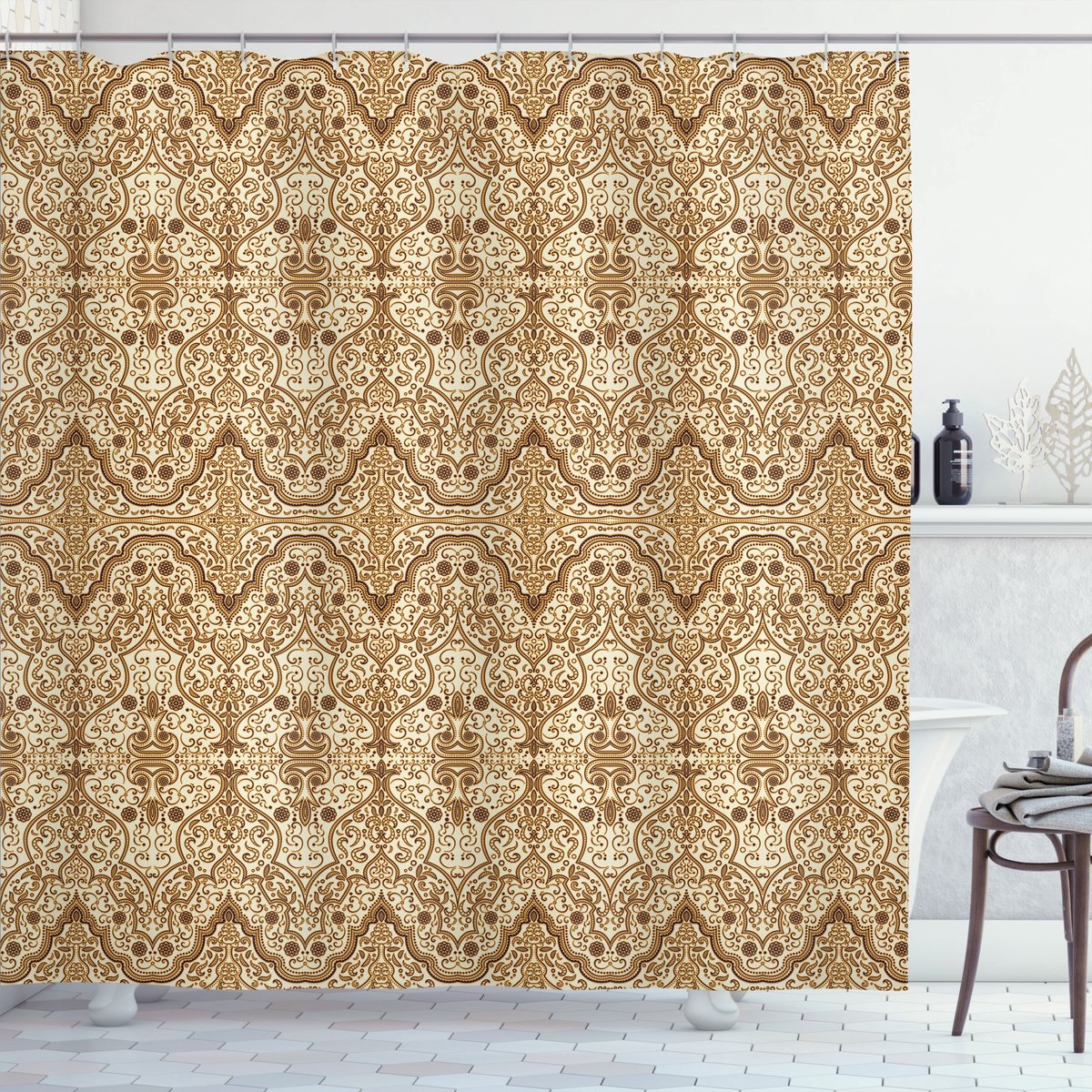 Nieuw bed, Oriëntaals folkloristisch traditioneel exotisch, Douchegordijn en badkamerdecoratieset met haakjes, 175 cm B x 180 cm L