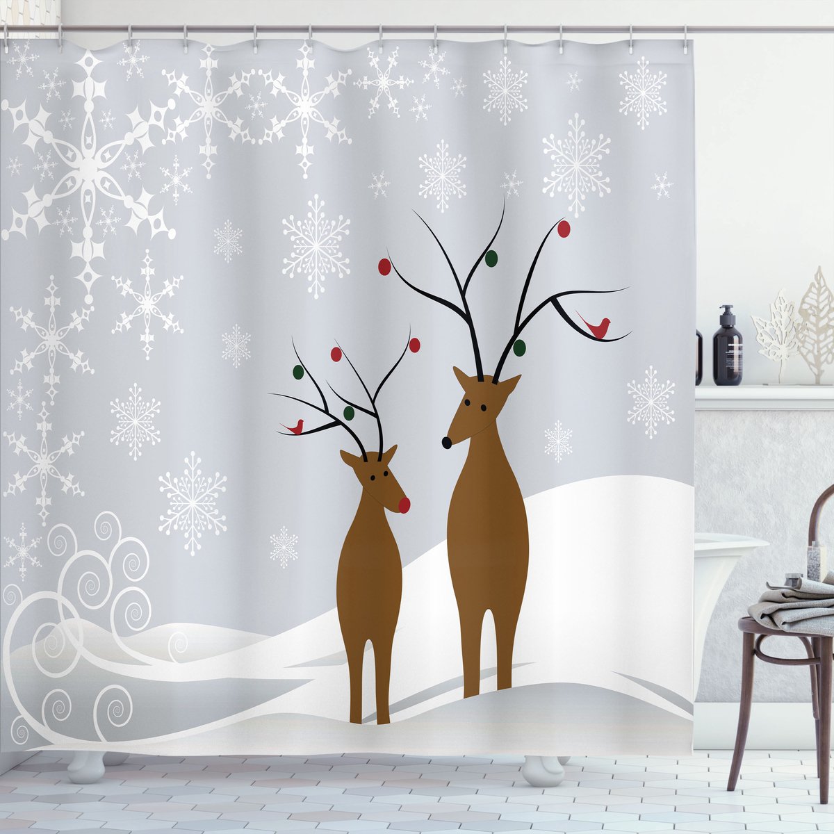 New Bed, Kerstmis Rendieren Kerstmis, Douchegordijn Badkamer Decor Set met Haakjes, 175 cm B 180 cm L