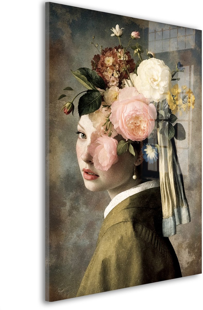 Glasschilderij Het bloemenmeisje met de parel - 60 x 40 cm - Vrouw - Bloemen en Planten, Portretten - Acrylaat - Inclusief wandbevestiging - Foto op plexiglas - Wanddecoratie woonkamer – Modern – Modern
