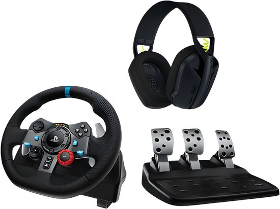 Zwart stuurwiel, zwarte headset met groene accenten en een set van drie metalen pedalen op een zwarte basis.