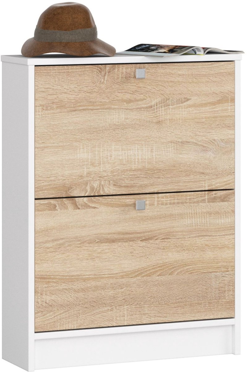Twee-Deurs Schoenenkast Wit/Dub Sonoma - Klassiek Staand Design - Voor 6 Paar Schoenen