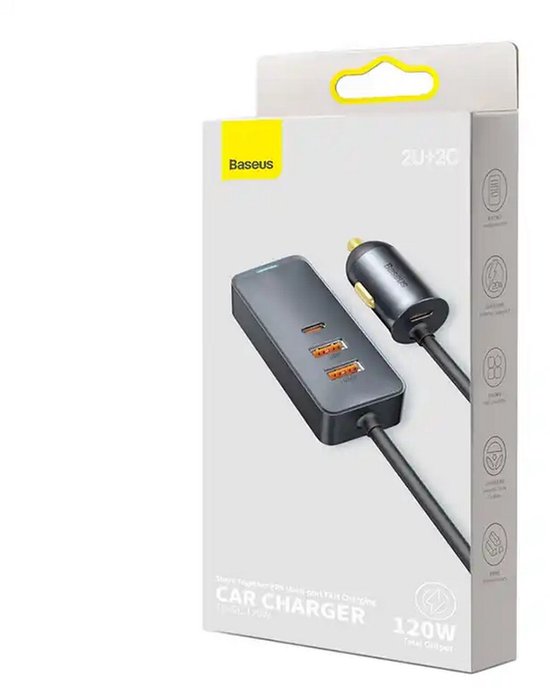 Baseus Auto Oplader 120W met 2 USB A en 2 USB C Aansluitingen - Autolader Splitter