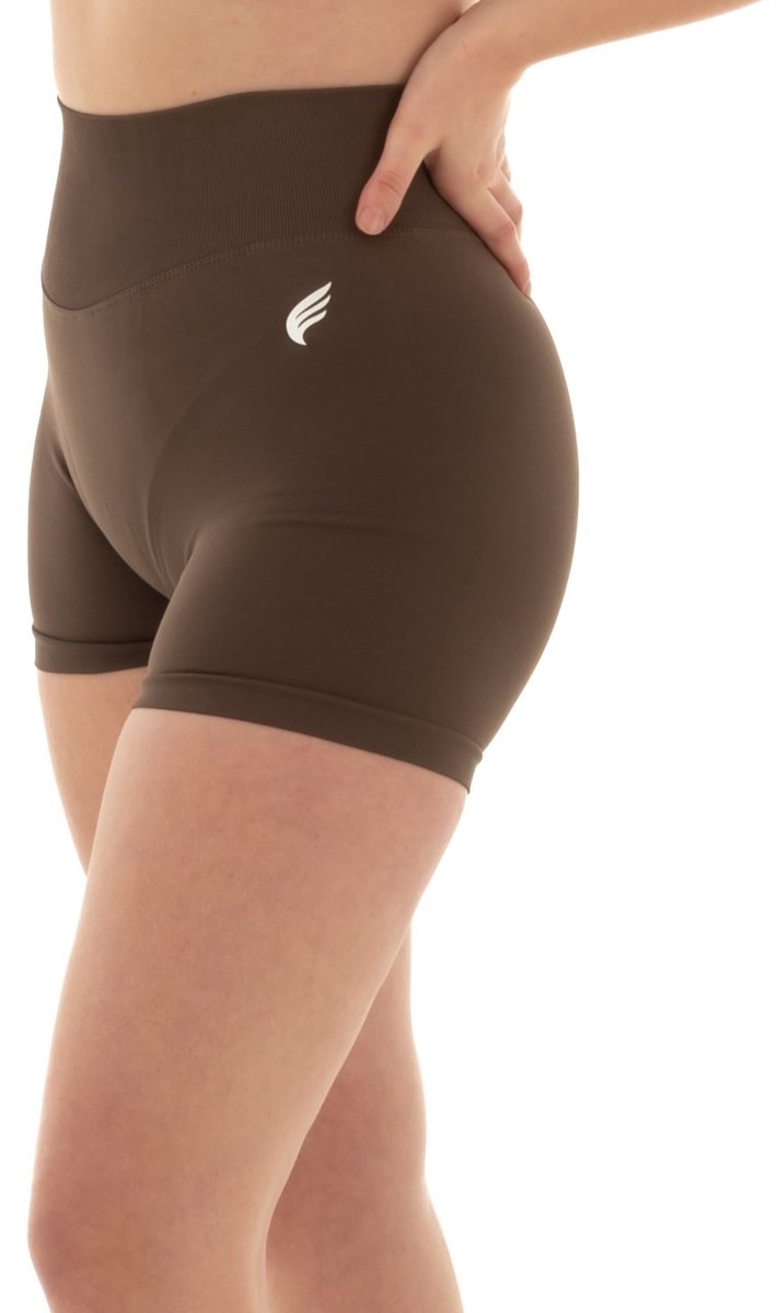 Squatproof Dames Sportshort – High Waist & Shaping – Naadloos & Ademend – Pulse Short voor Fitness, Yoga, Pilates – DM Training (Bruin)