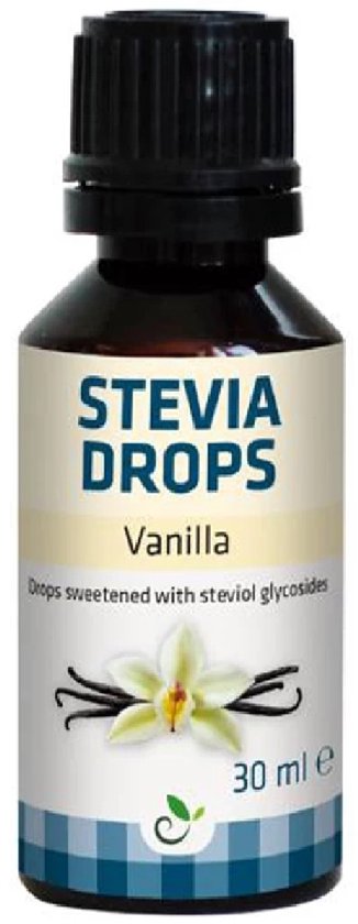 Stevia Drops Vanille 30 ml, avec des bâtons de vanille et un motif à carreaux bleu et blanc.