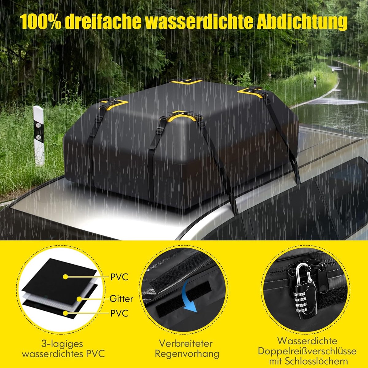 COSTWAY Dakkoffer voor auto, dakkoffer, waterdicht, met 6 deurhaken, cijferslot, antislip mat en draagtas, opvouwbare daktas, bagagebox voor auto's, bestelwagens, SUV's, zwart, 420 liter – foto 2