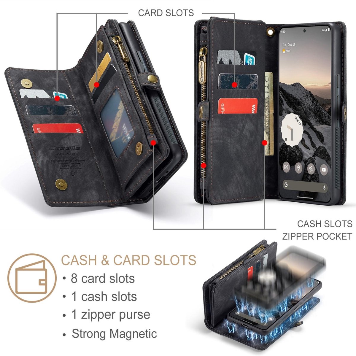 CaseMe Telefoonhoesje geschikt voor Google Pixel 9 Pro XL Hoesje | CaseMe 008 Uitneembare 2in1 Bookcase Portemonnee | Pasjeshouder voor 8 Pasjes | Telefoonhoesje voor Pinpas / OV Kaart / Rijbewijs - Zwart