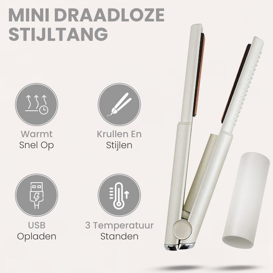 Draadloze Mini Stijltang- Draadloze Krultang – Wit -Hittebestendig Opbergzakje – beschermkap – Cordless Straightener – Mini Stijltang – Reis Stijltang – Oplaadbaar – 2 in 1 stijltang en krultang – Cadeau !