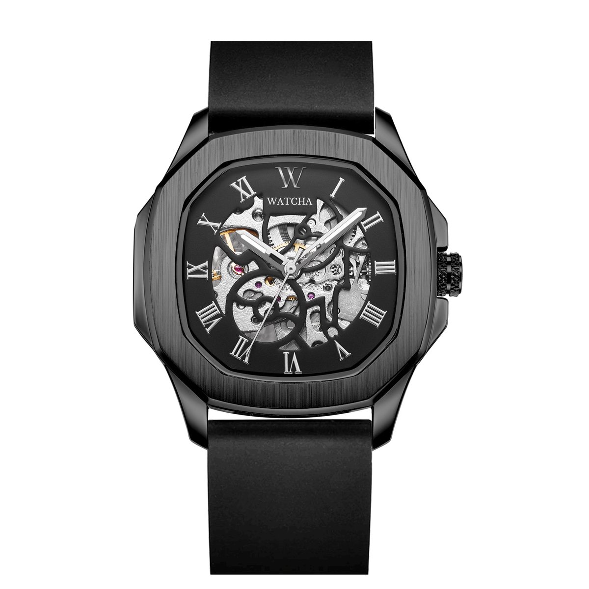 Watcha Skeleton - Unisex Horloge - Obsidian Black - 43mm - Vierkant